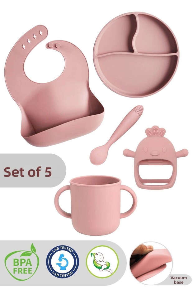 Set of 5 Silicone Bibs, Cups with Handles, Vacuum Plate, Feeding Spoon, Teether, Pink
