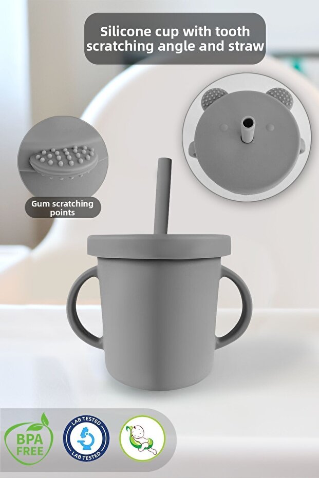 Baby Training Cup with Leak-Proof Lid, Silicone Straw, Silicone Baby Feeding Cup - Gray