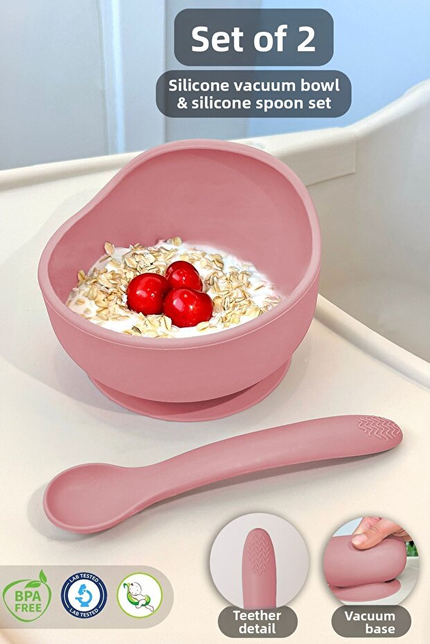 2-Piece Silicone Baby Feeding Set - Vacuum Feeding Bowl - Silicone Teething Spoon - Pink