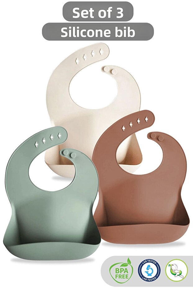 3-Piece Silicone Baby Bib Set - Double Lock Adjustable Silicone Bib - Green-Beige-Brown