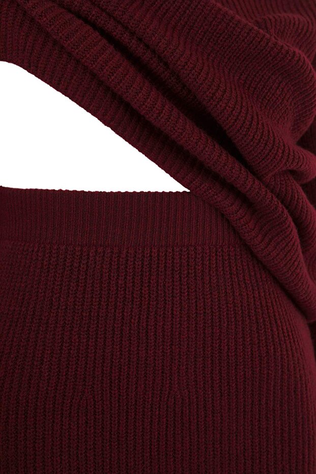 Bordo Bisiklet Yaka Fitilli Triko Kazak&Etek Alt-Üst Takım TBBAW25CP00008 - 6