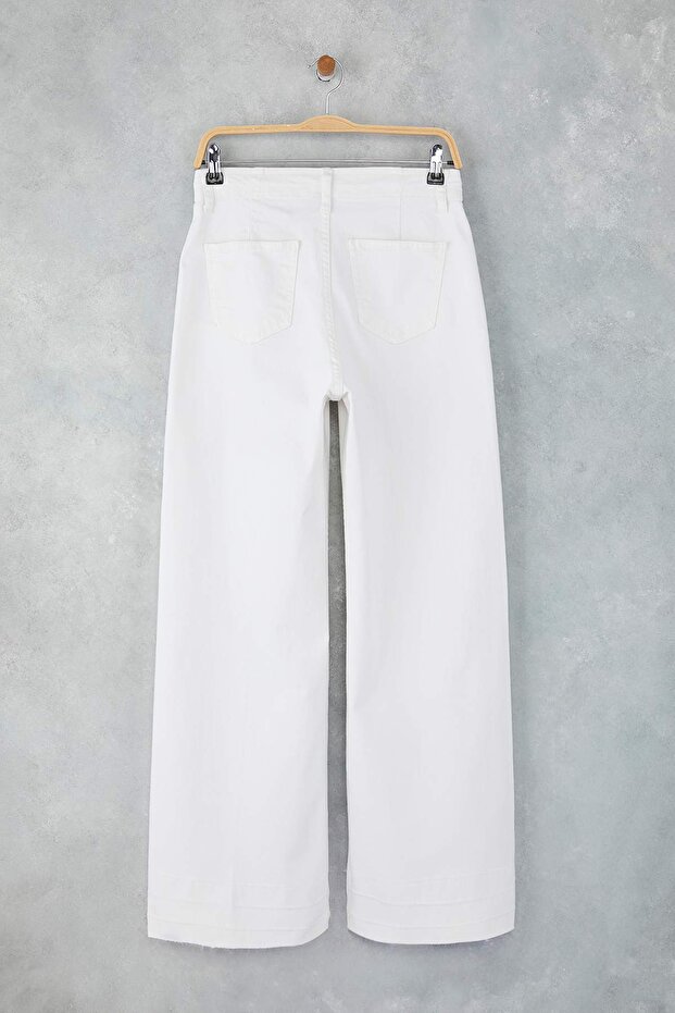 Beyaz Yüksek Bel Nervür Detaylı Paça Kesikli Comfort/Esnek Wide Leg Jeans TWOSS25JE00310 - 6