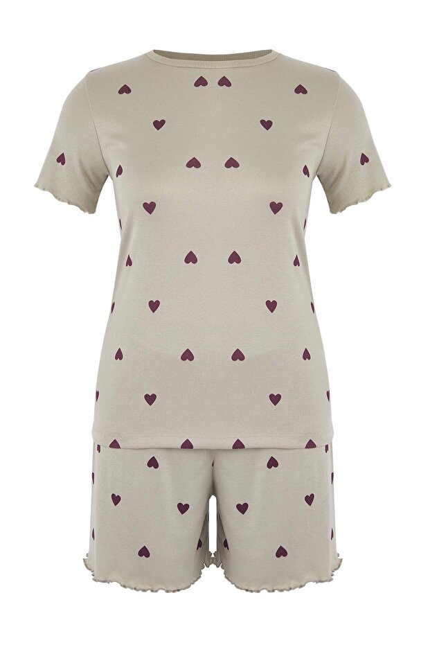 Mint Heart Slogan Tištěné elastické šortky Pletené pyžamo Set TBBSS25AI00162 - 5