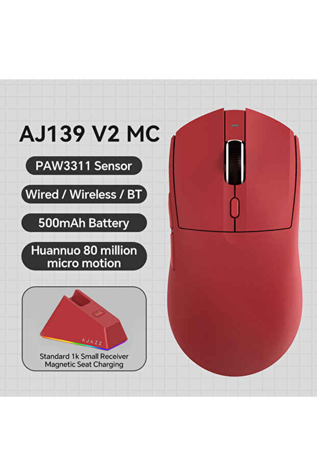 فأرة ألعاب AJ139 V2 MC باللون الأحمر مع قاعدة شحن RGB، مستشعر PAW3311، 3 أوضاع