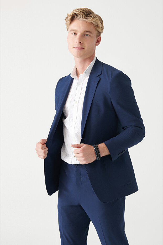 Men's Navy Blue Seersucker Textured Unlined Double Slit Jacket A31Y4012