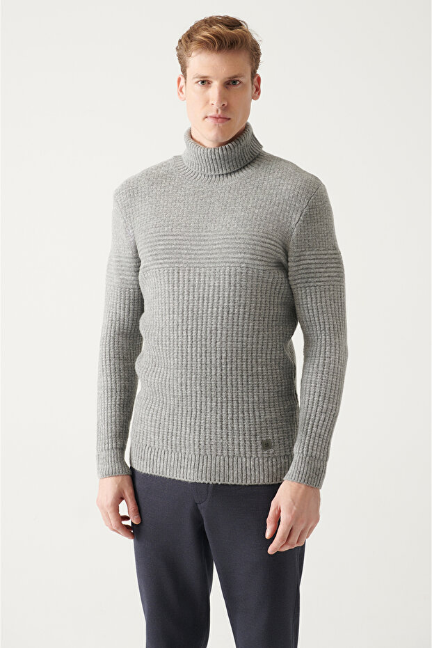 Men's Gray Full Turtleneck Textured Knitwear Sweater A22Y5023
