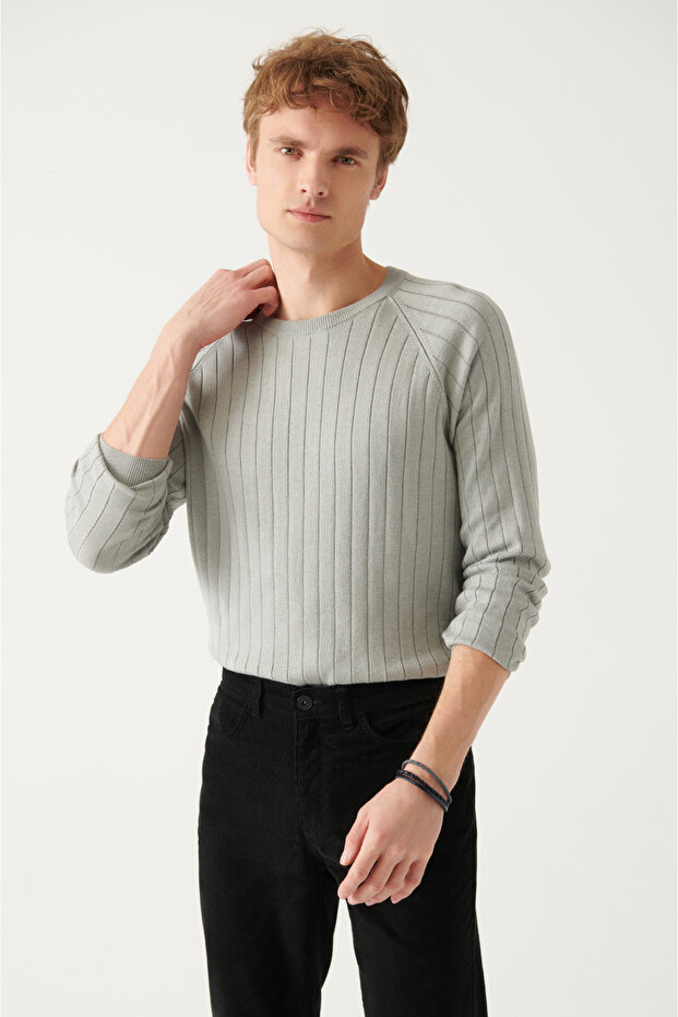 Erkek Gri Bisiklet Yaka Jakarlı Triko Kazak A22Y5179 - 3