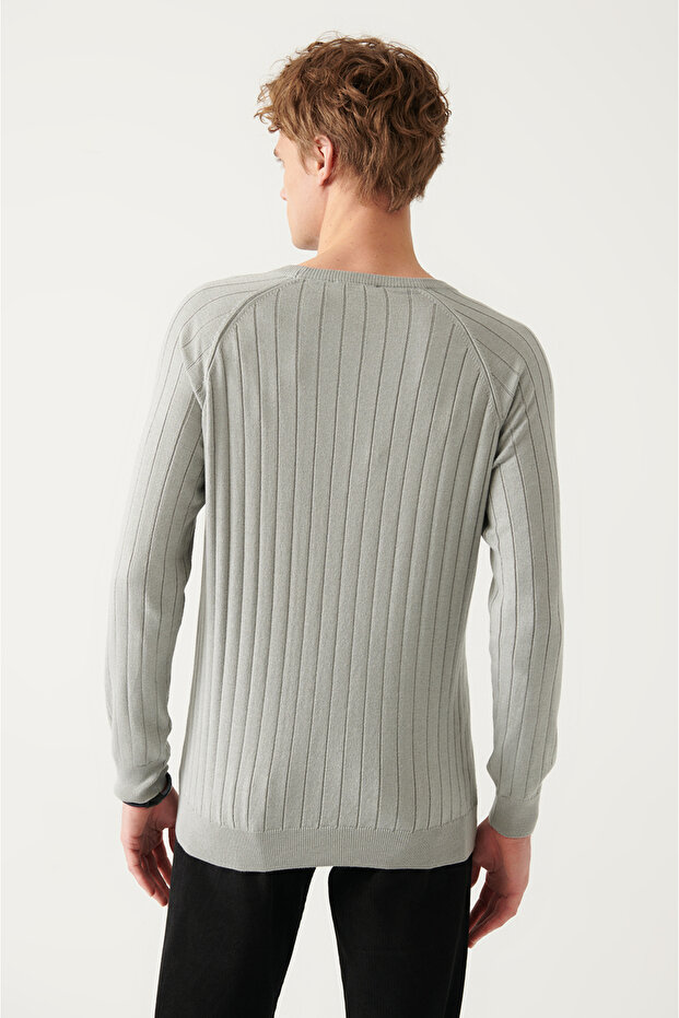 Erkek Gri Bisiklet Yaka Jakarlı Triko Kazak A22Y5179 - 4
