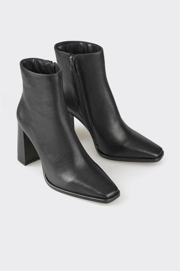 Siyah Deri Kadın Topuklu Bot - 2