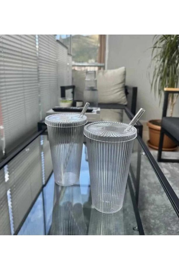2 Adet 600 ml Isıya Dayanıklı Origami Desen Kapaklı Ve Pipetli Bardak Milkshake Ve Meşrubat Bardağı - 3