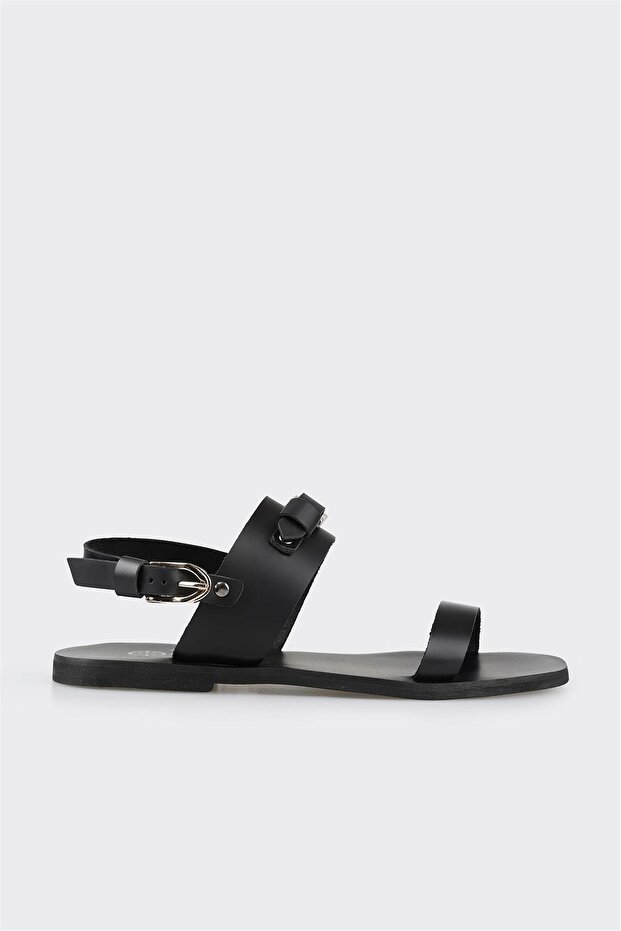 Black Leather Women's Flat Sandals