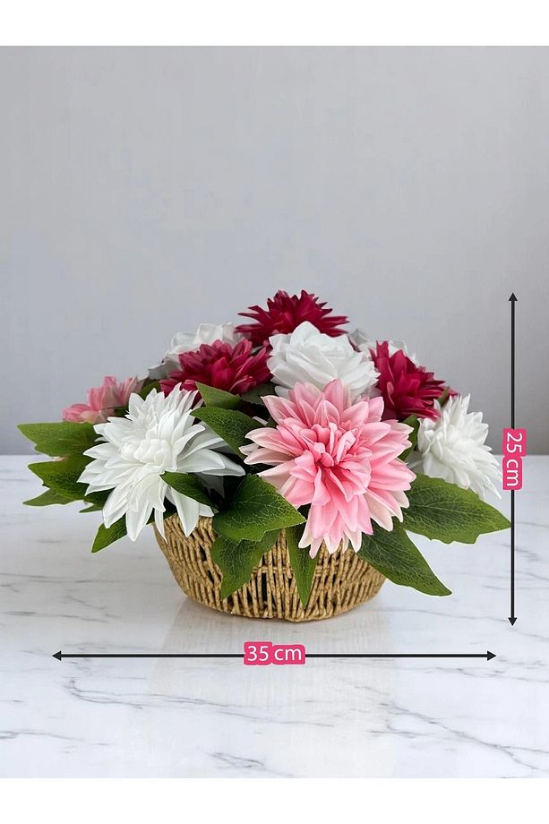 Yapay Çiçek Buketi Fuşya Pembe Dekoratif Çiçek Sepeti 35x20x25 Cm Hediyelik Ev Süsü Masa Süsü - 7