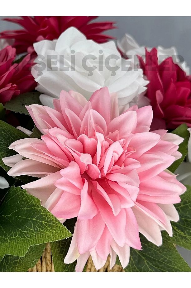 Yapay Çiçek Buketi Fuşya Pembe Dekoratif Çiçek Sepeti 35x20x25 Cm Hediyelik Ev Süsü Masa Süsü - 4