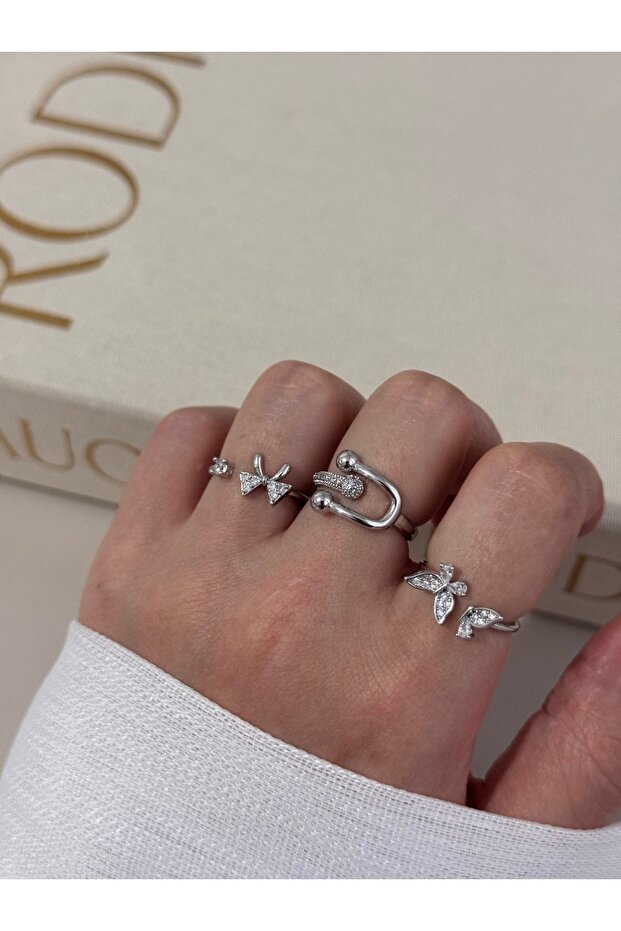 Triple Silver Color Adjustable Ring Set – Bow, Leaf and Modern Design
