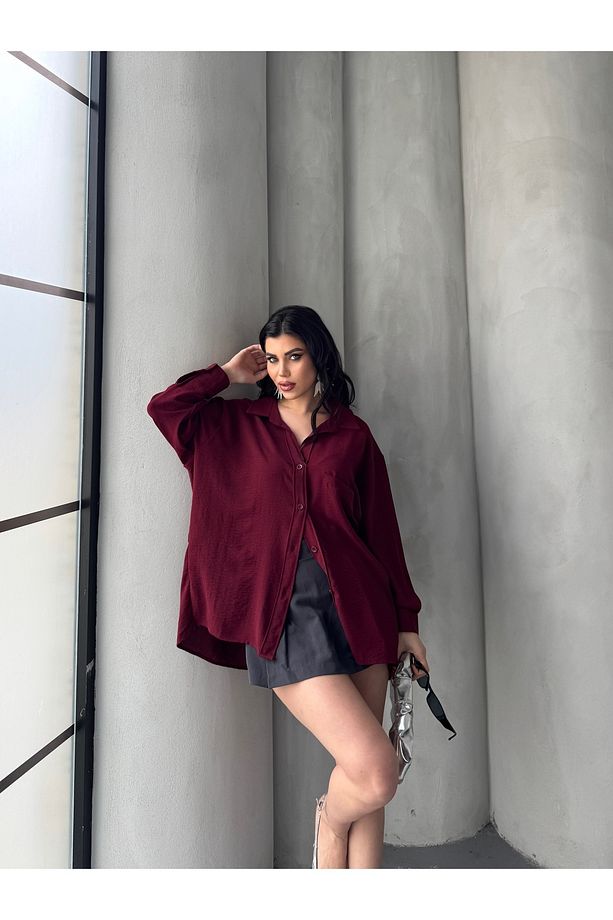 Kadın Perla Bordo Tek Cepli Oversize Gömlek, Geniş Kalıp Gömlek, Ayrobin Gömlek - 6