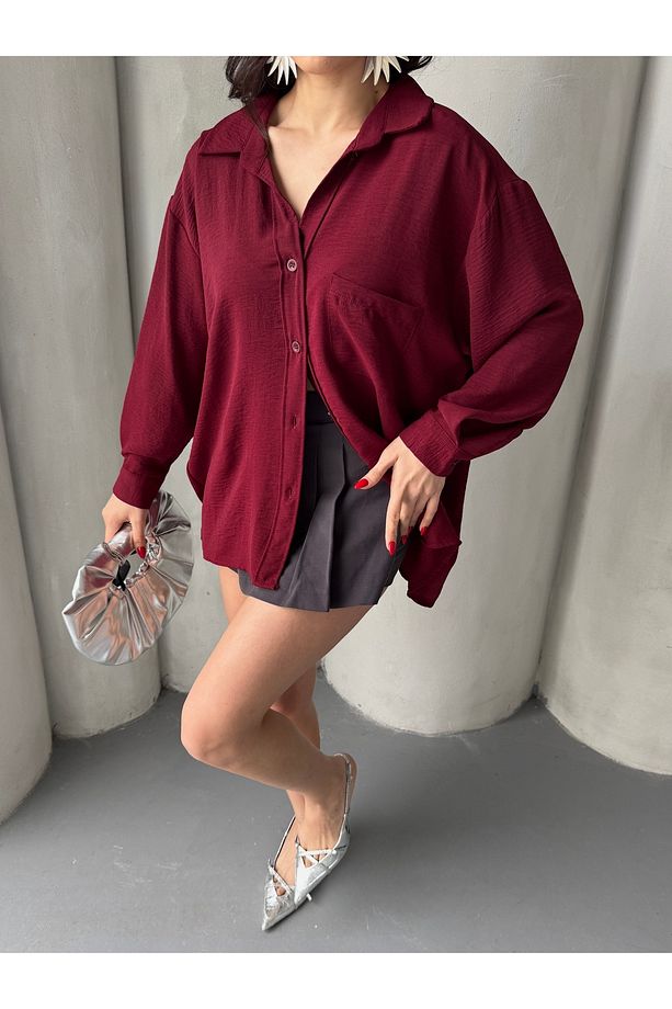 Kadın Perla Bordo Tek Cepli Oversize Gömlek, Geniş Kalıp Gömlek, Ayrobin Gömlek - 4
