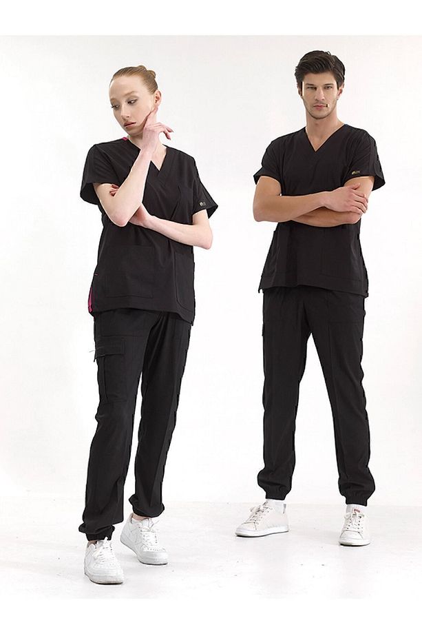 Siyah Jogger Paça Lüks Likralı Üniforma Takımlar Yüksek Kaliteli Likralı Scrubs - 5