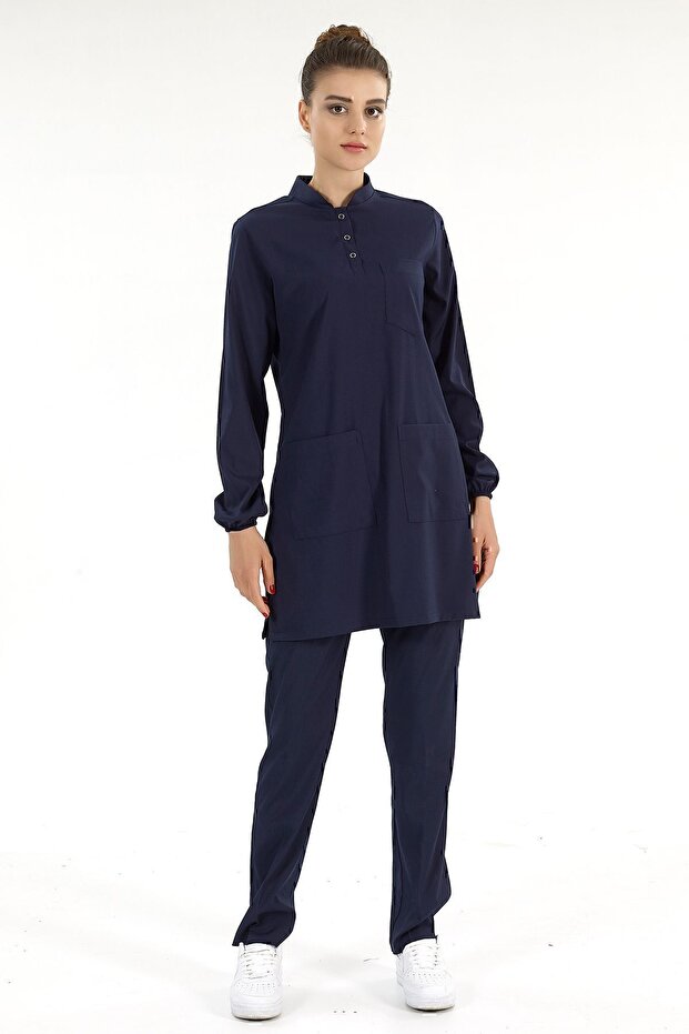 Luxury Lycra Doctor Nurse Hijab Navy Blue Judge Collar Suit