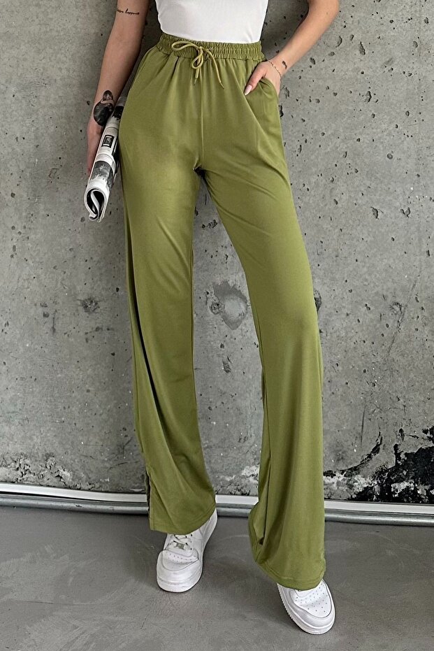 Pistachio Green Elastic Slit High Waist Sweatpants