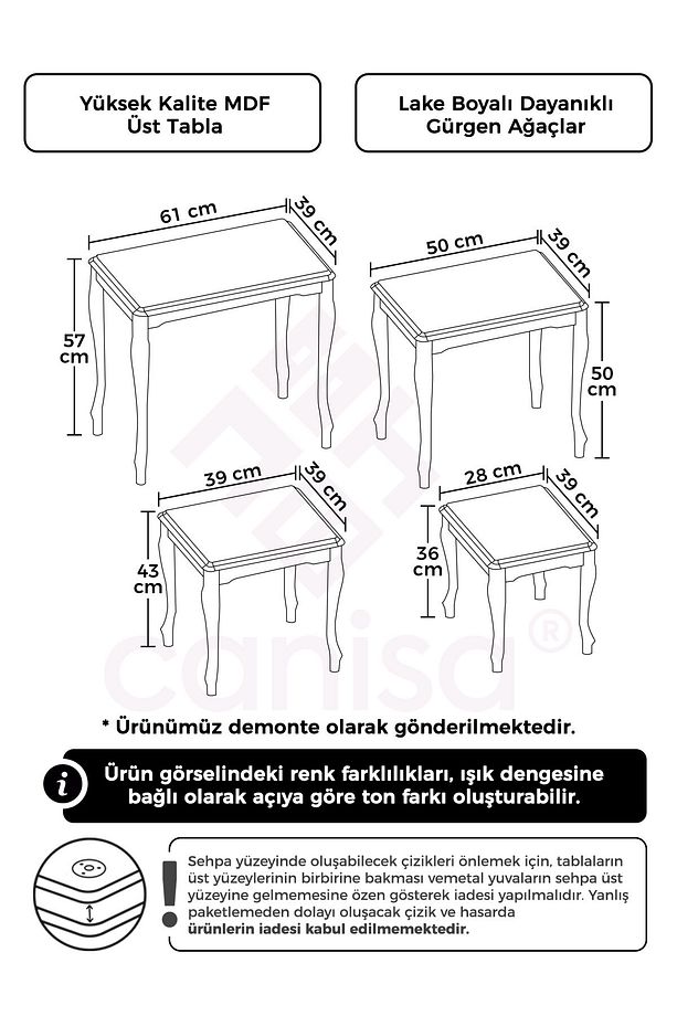 Roma Serisi 4lü Zigon Sehpa Takımı , Üst Kalite 1.sınıf Mdf Ve Lake Boya , Gürgen Ayaklar - 4