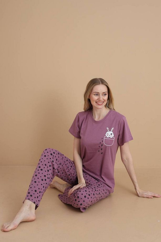 Kadın Pembe Kalpli Baskılı %100 Pamuk Kısa Kol Cepli Yazlık Pijama Takımı - 6