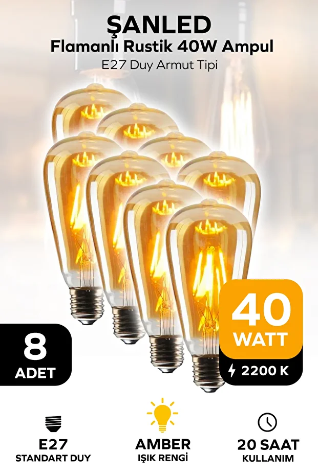 Flamanlı Rustik 40W Ampul Amber E27 Duy  Armut Tipi St64 Dekoratif - 1