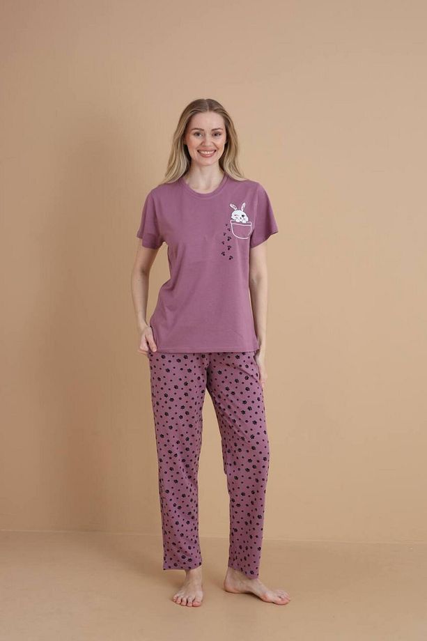 Kadın Pembe Kalpli Baskılı %100 Pamuk Kısa Kol Cepli Yazlık Pijama Takımı - 5