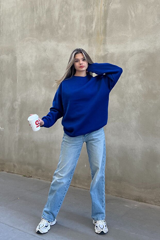 Basic Bisiklet Yaka Oversize Sweatshirt - 6