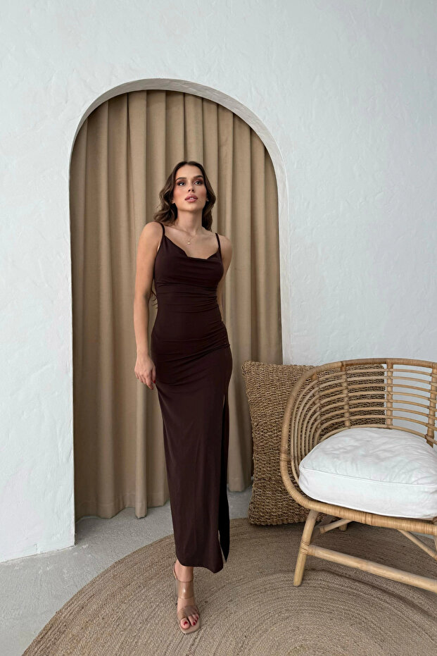 Brown Midi Dress with Rope Strap, Degaje Collar and Slit