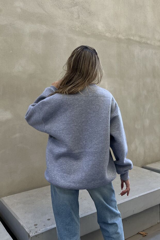 Gri Basic Bisiklet Yaka Oversize Sweatshirt - 6