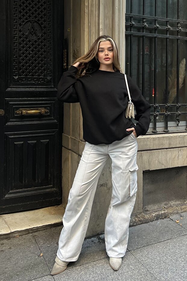Siyah Basic Bisiklet Yaka Oversize Sweatshirt - 7