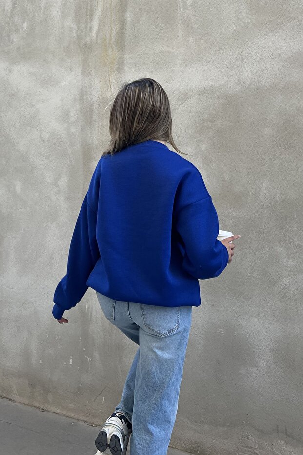 Basic Bisiklet Yaka Oversize Sweatshirt - 5