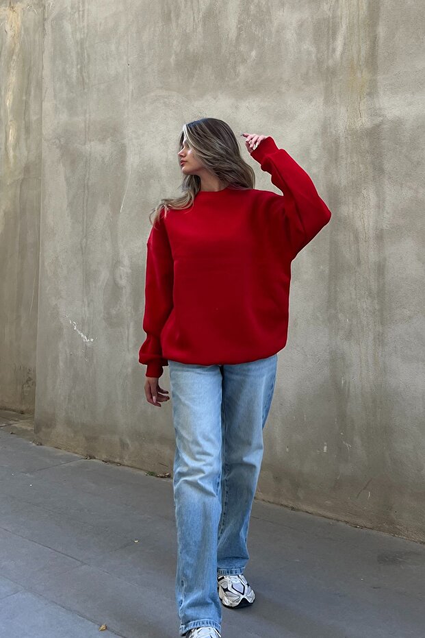 Kırmızı Basic Bisiklet Yaka Oversize Sweatshirt - 5