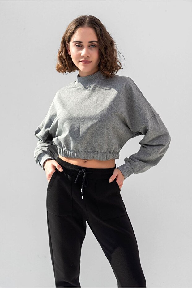Women's Smoked Cotton Crew Neck Crop Sweatshirt