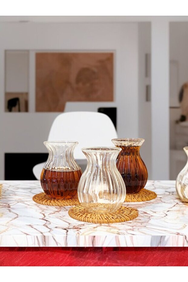 6'lı Çizgili Keyfi Ala Borosilikat Cam Çay Bardağı 210ml Bardak - 4