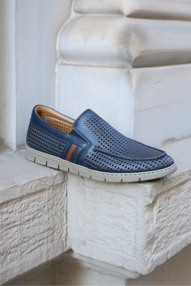 Rover Navy Blue 100% Genuine Leather Perforated Comfort Men's Shoes