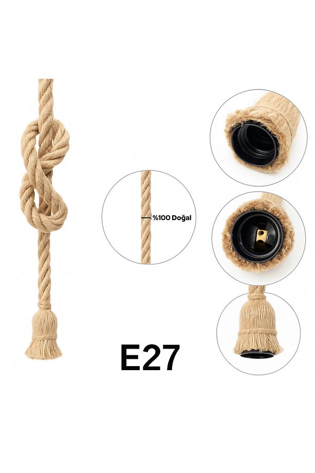 Jüt Halat Sarkıt Avize Kablolu Halatlı Rustik Lamba (100 Cm 5 Adet) - 3