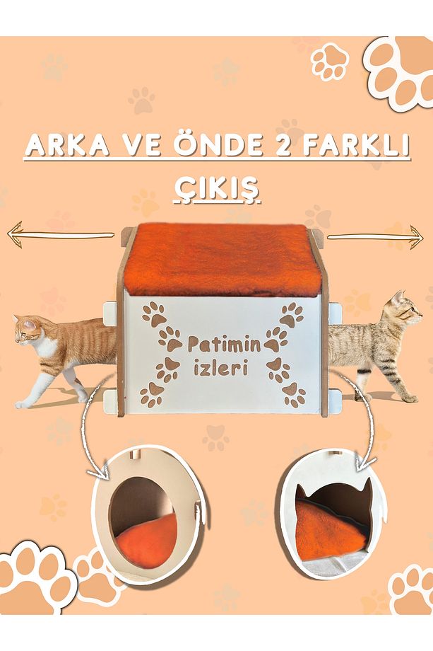 Kiremit Rengi Ahşap Kolay Montajlanabilir Pofuduk Minderli Kedi Evi & Yuvası - 6