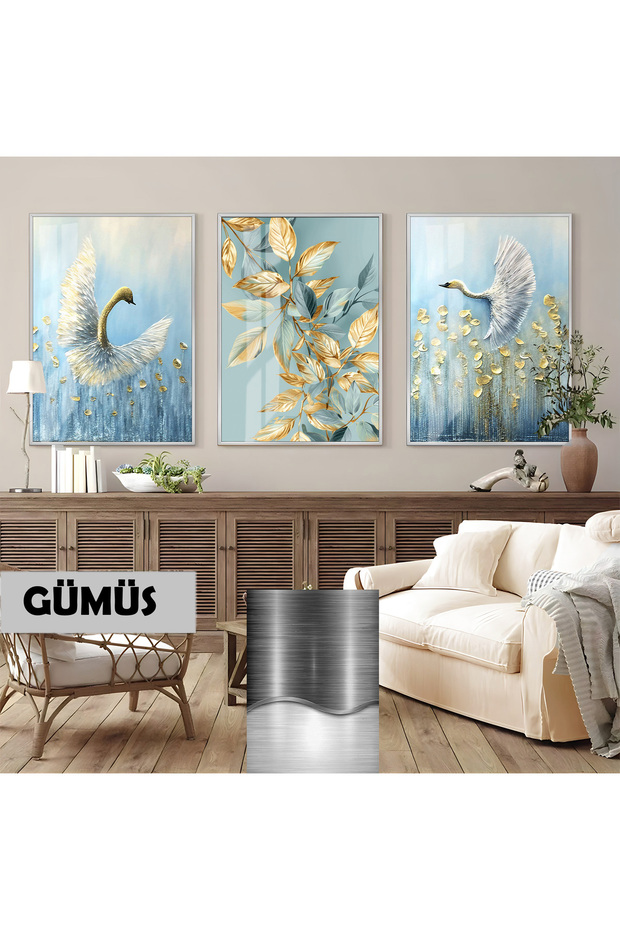 Amazing | Peacock Leaf Combination (Aureate) | Framed Glass Table 3 Pieces Vertical