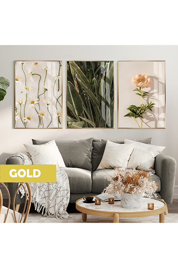 Amazing | Green-Cream Chamomile Rose Combination (Anthemis Chia) | Framed Glass Table 3 Pieces Vertical