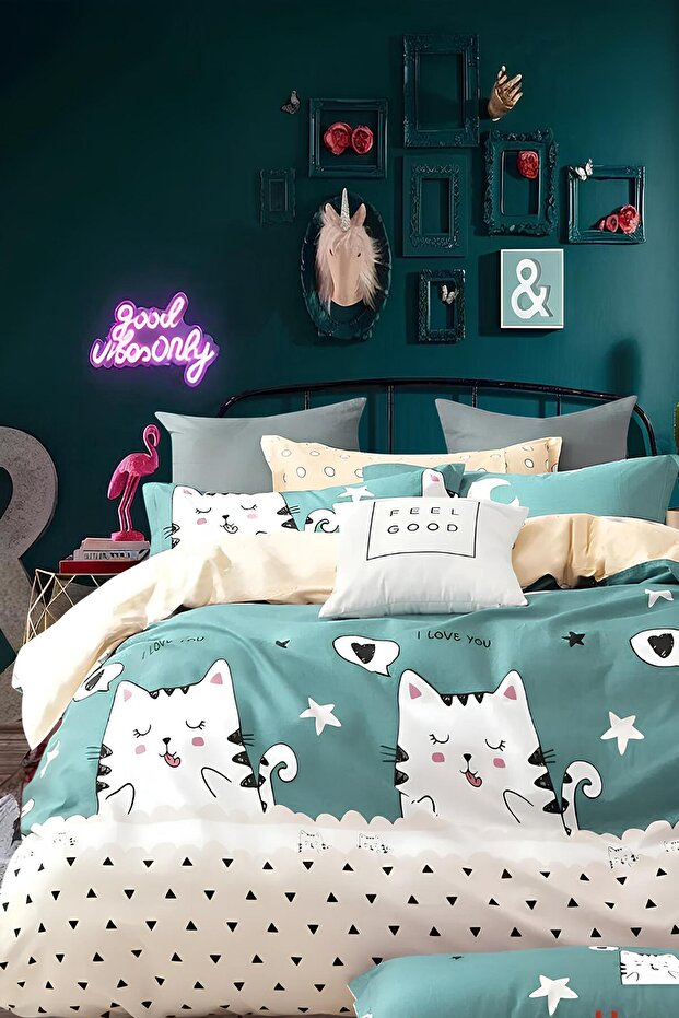 Duvet Cover Set with Elastic Sheets Double Cute Cats Petrol