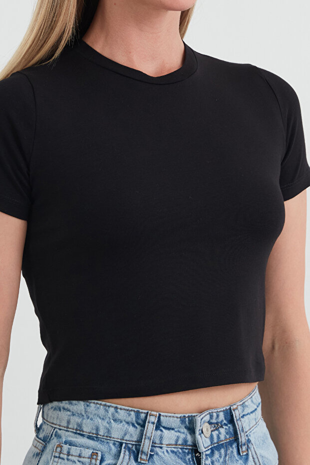 Basic Bisiklet Yaka Crop Tişört - 5