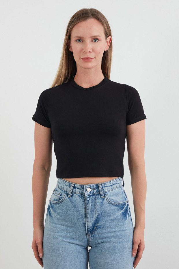 Basic Bisiklet Yaka Crop Tişört - 6