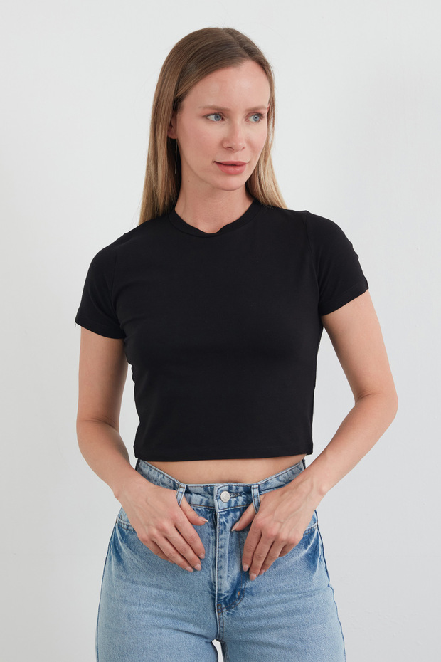 Basic Bisiklet Yaka Crop Tişört - 1