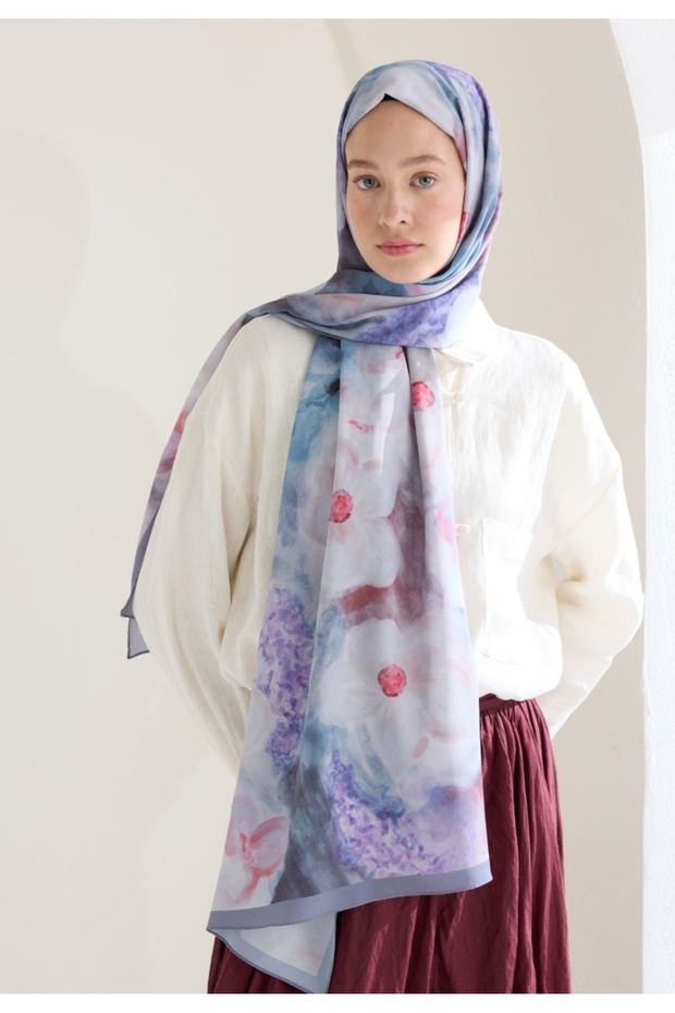 شال منقوش باللون الأزرق الداكن - الوردي - 2