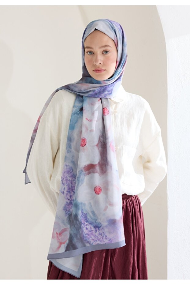 شال منقوش باللون الأزرق الداكن - الوردي - 1