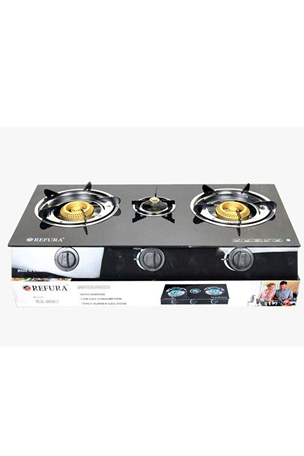 Three Burner Gas Stove w/ Auto Ignition | Glass Top | Compact Design