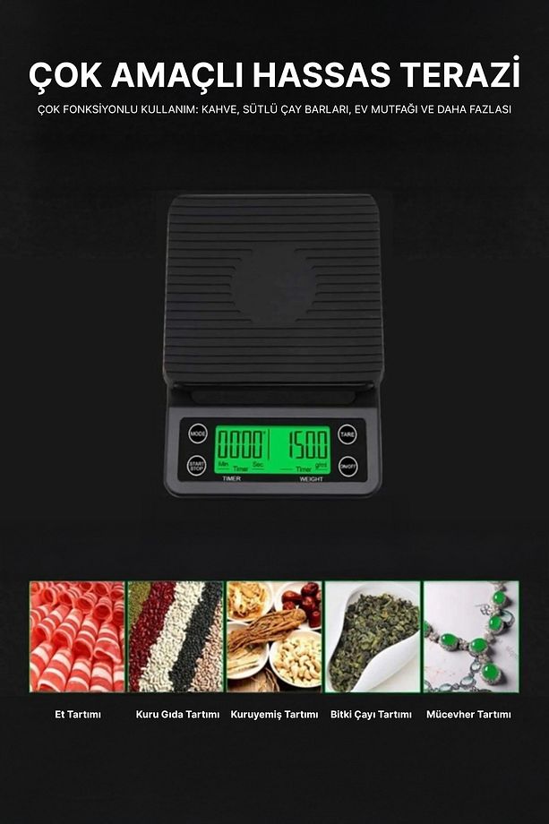 3 Kg Zaman Ayarlı Hassas Kahve Terazisi Tartı 0.1gr Hassasiyet - 6