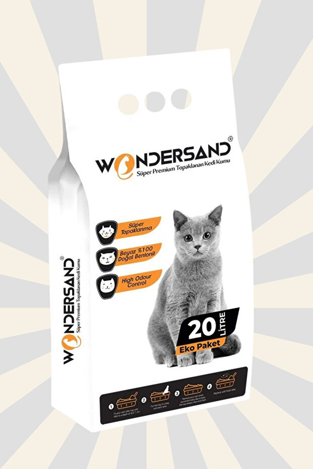 wondersand 20 Litre %100 Beyaz Bentonit Kokusuz Kalın Tane Kokusuz Topaklanan Premium Kedi Kumu