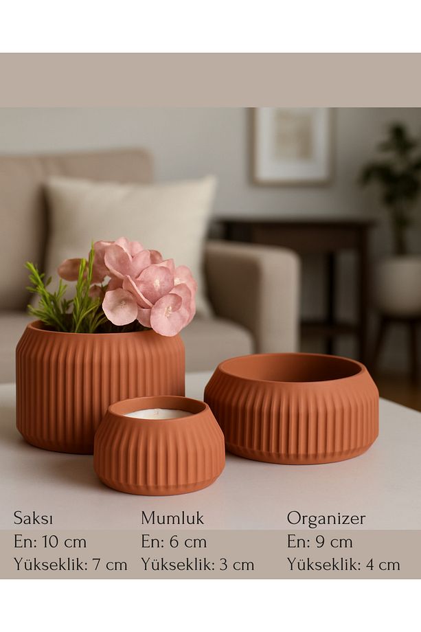 Layla 3'lü Saksı, Mumluk, Organizer Minimalist Set - 4